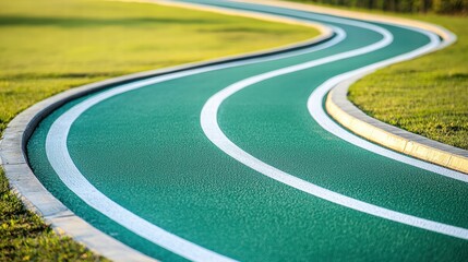 Winding Running Track with Green Surface and White Lines in Field
