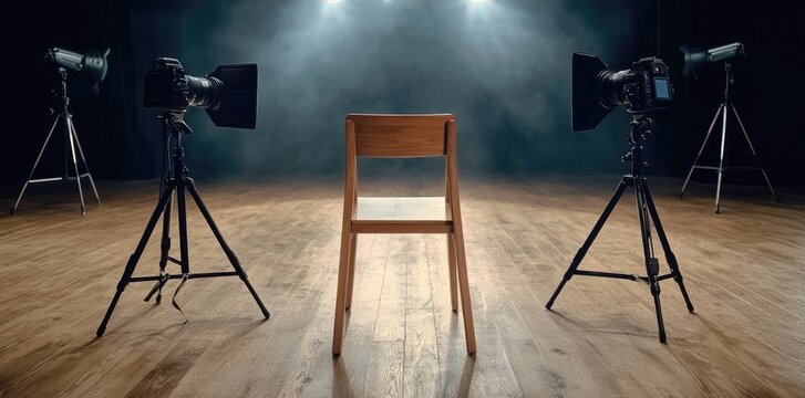 Studio setup - interior view of a movie set featuring a director chair, professional lighting, camera equipment, world of filmmaking, artistic direction, cinematic preparation.