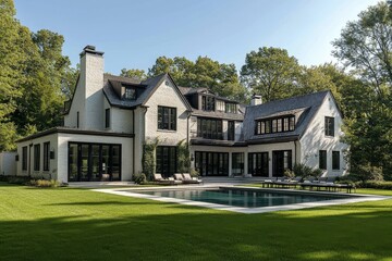 Obraz premium Large white brick modern farmhouse home with black windows, outdoor pool, and expansive glass walls overlooking nature. Sophisticated architecture and interior lighting.