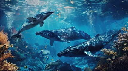 Obraz premium Three whales swimming in a vibrant underwater scene with coral and diverse marine life.