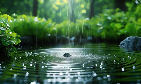 A serene scene of rain falling on water, creating ripples amidst lush greenery.