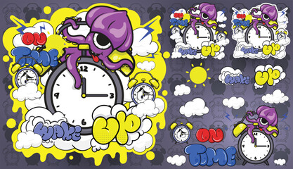 Cute octopus and clock popart t-shirt and sticker design