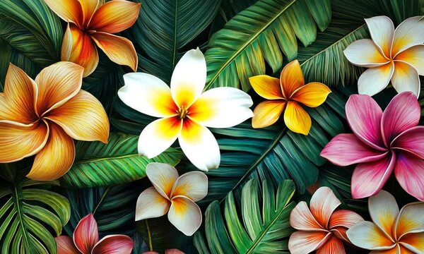 Vibrant Plumeria Blossoms and Lush Tropical Foliage