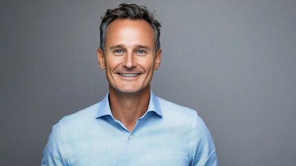 Fototapeta premium Handsome Smiling Businessman in Blue Shirt Isolated on Background