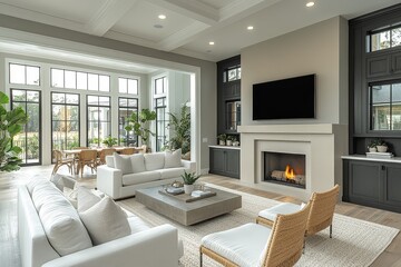 Fototapeta premium Modern living room with grey and white color scheme, sofa, chairs, coffee table, TV above fireplace, dining area, light wood floors, black cabinets, plants