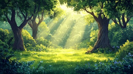 Obraz premium Enchanting Forest Scene with Sunlight Filtering Through Lush Green Canopy Creating a Peaceful Atmosphere of Nature and Tranquility in Woodland Setting