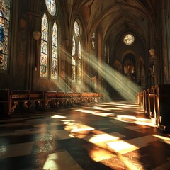 Obraz premium The sun is shining through the stained glass windows of a church, illuminating the pews and creating a warm, peaceful atmosphere