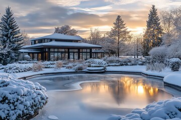 A picturesque winter setting with a frozen pond surrounded by snow-covered bushes, reflecting the golden light of a winter sunset.