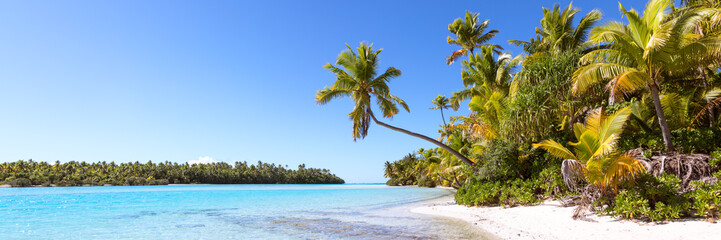 Panoramic of sandy beach with palms in the lagoon of One Foot Island, Aitutaki, Cook Islands