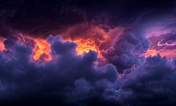 A dramatic sunset with vibrant orange and purple clouds creating a mystical atmosphere.