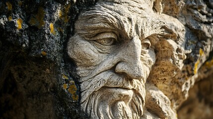 Weathered stone carving of an old man's face, partially embedded in rock.