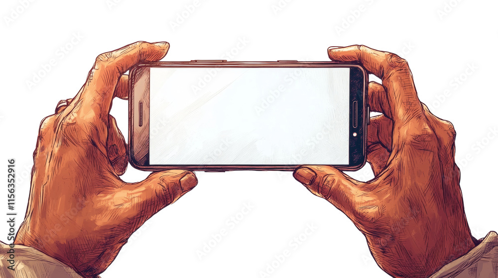 Poster hands holding a smartphone isolated transparent background