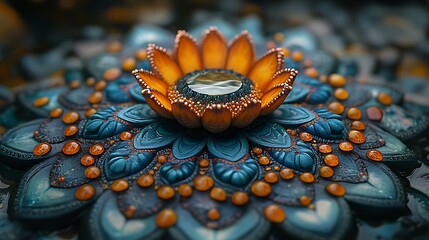Ornate Teal Flower Mandala with Amber Beads and Waterdrop