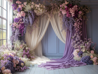 Wedding maternity engagement studio photo backdrop banner background with soft purple cream colorful pastel delicate rustic flowers and dreamy romantic curtains