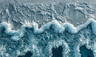 Aerial view of icy ocean waves meeting the shore, showcasing nature's beauty and texture. - Powered by Adobe