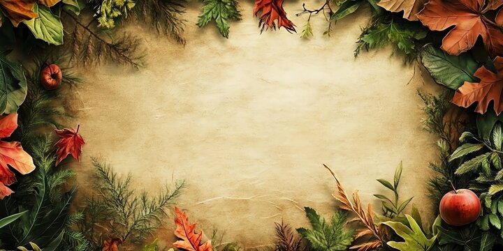 Autumn leaves and apples frame a blank parchment background. - Powered by Adobe