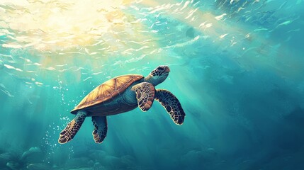 Obraz premium Graceful Turtle Gliding Through Clear Ocean Waters Surrounded by Vibrant Coral Reefs and Colorful Marine Life in a Serene Underwater Environment