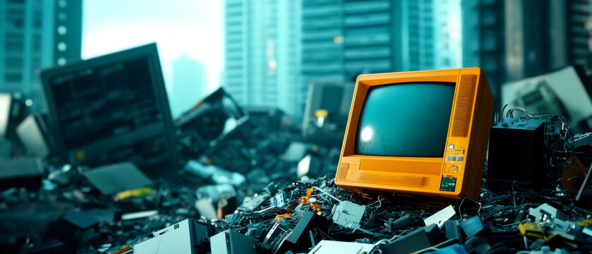 An orange vintage computer monitor sits atop a pile of electronic waste in an urban environment, surrounded by tall buildings.