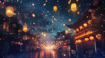 Chinese Street at Night With Lanterns