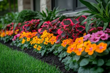 Fototapeta premium Beautiful colorful flower bed in ornamental garden with yellow and red flowers, green grass, and plants on a sunny day