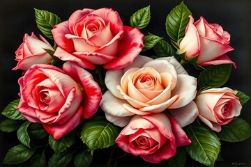 A very beautiful arrangement of roses. The rose has pink, red, and white colors that stand out against the dark background, creating a stunning color contrast. 