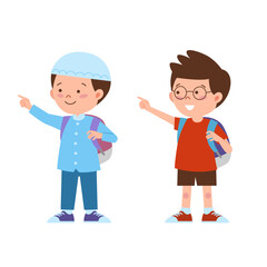 Two boys with backpack point to something