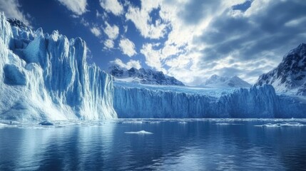 A stunning frozen world with massive glaciers, sharp icy cliffs, and a sky filled with layered clouds.