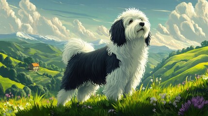 A stylized illustration of an Old English Sheepdog, side view, standing against a countryside backdrop of rolling hills