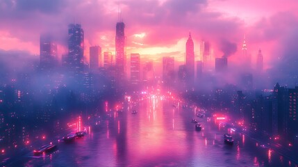 Pink Cityscape River Sunset Skyline Futuristic City