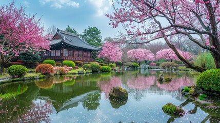 Obraz premium Serene Japanese Garden with Cherry Blossom Trees and Tranquil Reflection