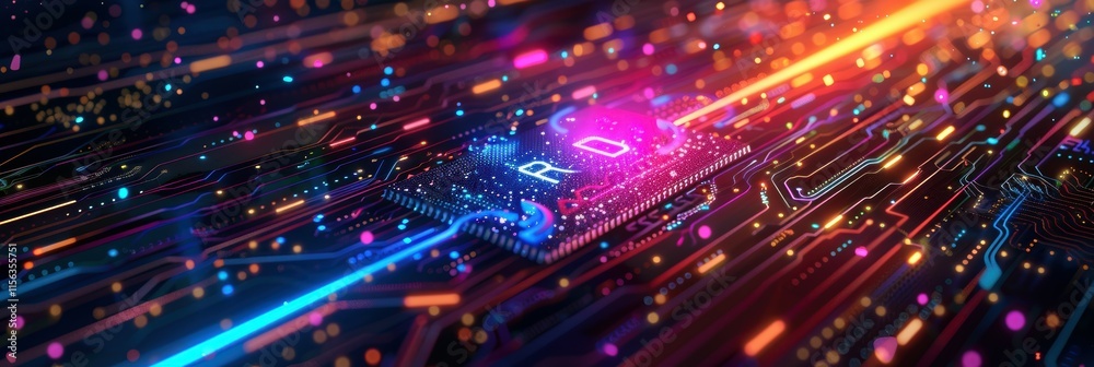 Poster colorful microchip with light patterns and ai word representation