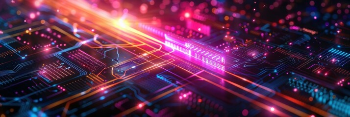 Obraz premium Colorful Light Over Microchip Displaying AI Technology in Motion