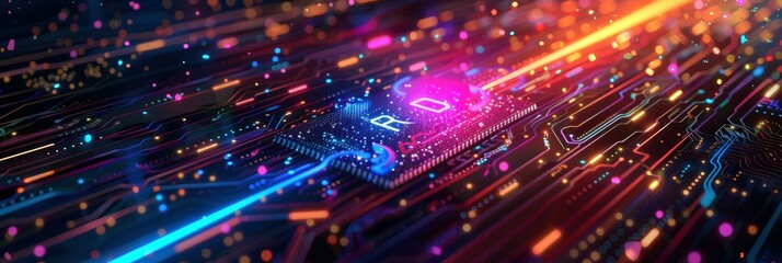 Obraz premium Colorful Microchip with Light Patterns and AI Word Representation