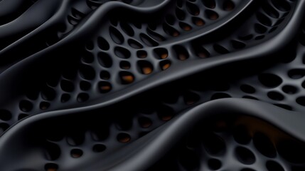 Abstract Dark Wavy 3D Render: Black Perforated Surface Texture