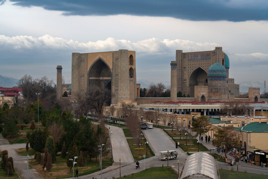View of the Bibi Khanum Mosque and Siab Bazaar from the observation deck at the Hazrat Khizr mosque, Samarkand, Uzbekistan