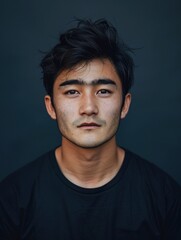 Close-up portrait of a young Asian man with dark hair and a serious expression, wearing a black t-shirt against a dark background.