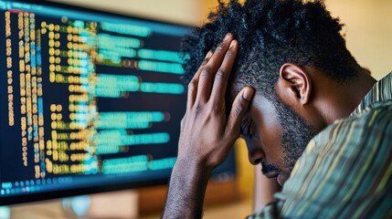Frustrated developer at computer, facing challenges in coding and debugging, embodies the perseverance and resilience required in the tech industry.