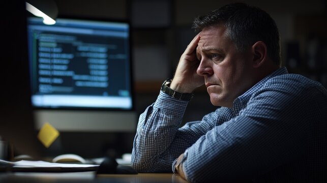 Frustrated developer at computer, facing challenges in coding and debugging, embodies the perseverance and resilience required in the tech industry.