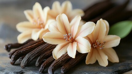 Fototapeta premium Delicate Vanilla Flower Featuring Its Pods and Foliage