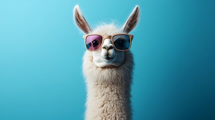 Obraz premium vibrant photography featuring a llama against a solid turquoise background with its fluffy cream colored fur, is centered in the frame, facing forward, wears oversized pink framed sunglasses 