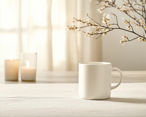 White blank mug mockup on a table with candles and spring flowers in the background. A soft white curtain frames & window behind them, providing a gentle contrast between light and shadow.