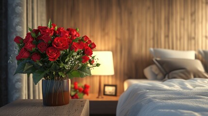 A Bouquet of Red Roses sits in a Glass Vase on a Wooden Nightstand Next to a White Bed Romantic Interior Design