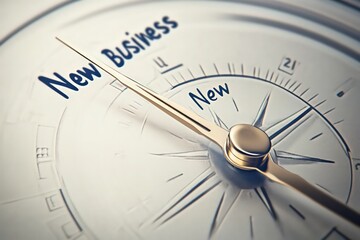 A professional depiction of a realistic compass, with "New Business" marked in clear, sharp lettering, the needle locking onto it for emphasis.