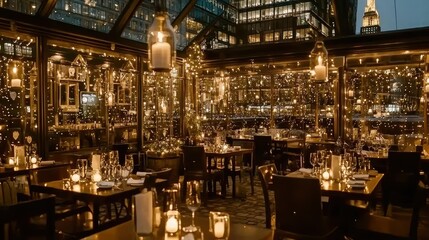 Fototapeta premium Elegant Restaurant Interior with Ambient Lighting and City Views