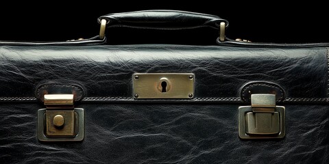 Black leather briefcase with brass hardware and lock.