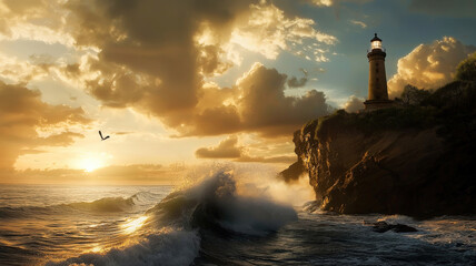 Fototapeta premium A historic lighthouse stands tall on a rugged cliff, overlooking crashing waves below. A dramatic sunset paints the sky in warm hues, casting a golden glow over the ocean