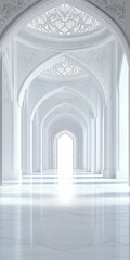 Fototapeta premium A long, narrow, white room with a large archway. The archway is open and the room is very empty