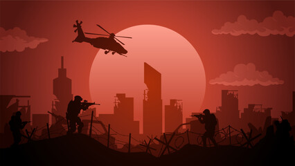 Landscape illustration of destroyed city in war with military conflict