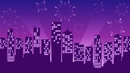 Naklejka premium Cityscape illustration of new year event with fireworks over skyline
