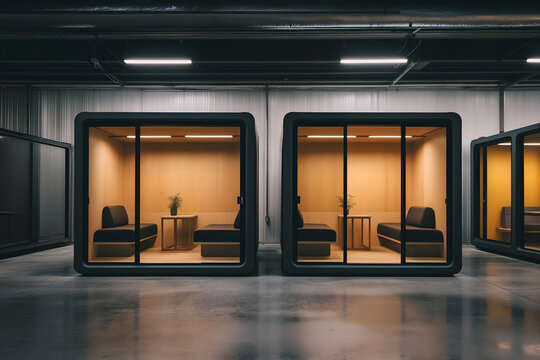 Focus pods with corrugated metal exteriors, glass sliding doors, and minimalist interiors featuring leather seats and small wooden work tables. Interior Industrial Office Design, 3D Render Decoration